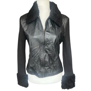 Vintage Y2K Maurice Sasson Black Leather Ribbed Knit Faux Sherpa Cuffs Jacket M